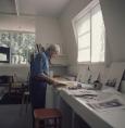 Henry Moore in the Gildmore Studio, Perry Green, working on a print portfolio, 1972